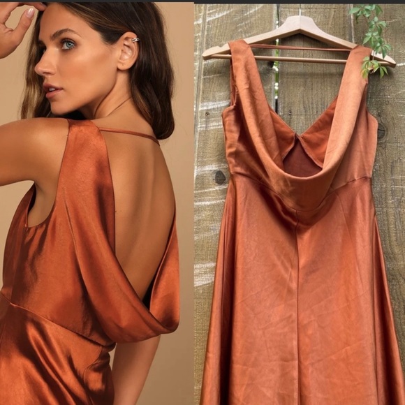 Copper Satin Cowl Back Midi Slip Dress 🌿 - Picture 4 of 14